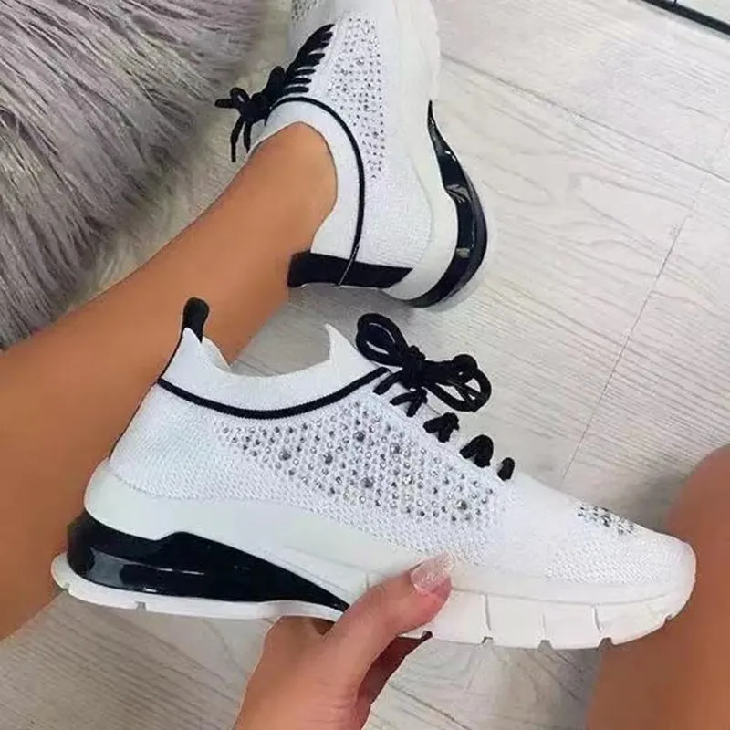 

Nice Summer Rhinestone Casual Shoes Women Fashion Lace-up Breathable Mesh Sneakers Women Running Shoes Size 43 Vulcanized Shoes