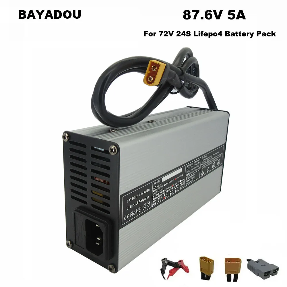 

72V 5A LiFePO4 Fast Charger 87.6V 5A 6A 3A 76.8V 24S Iron Phosphate LFP Forklift Touring Car RV Battery Charger XT60 XT90