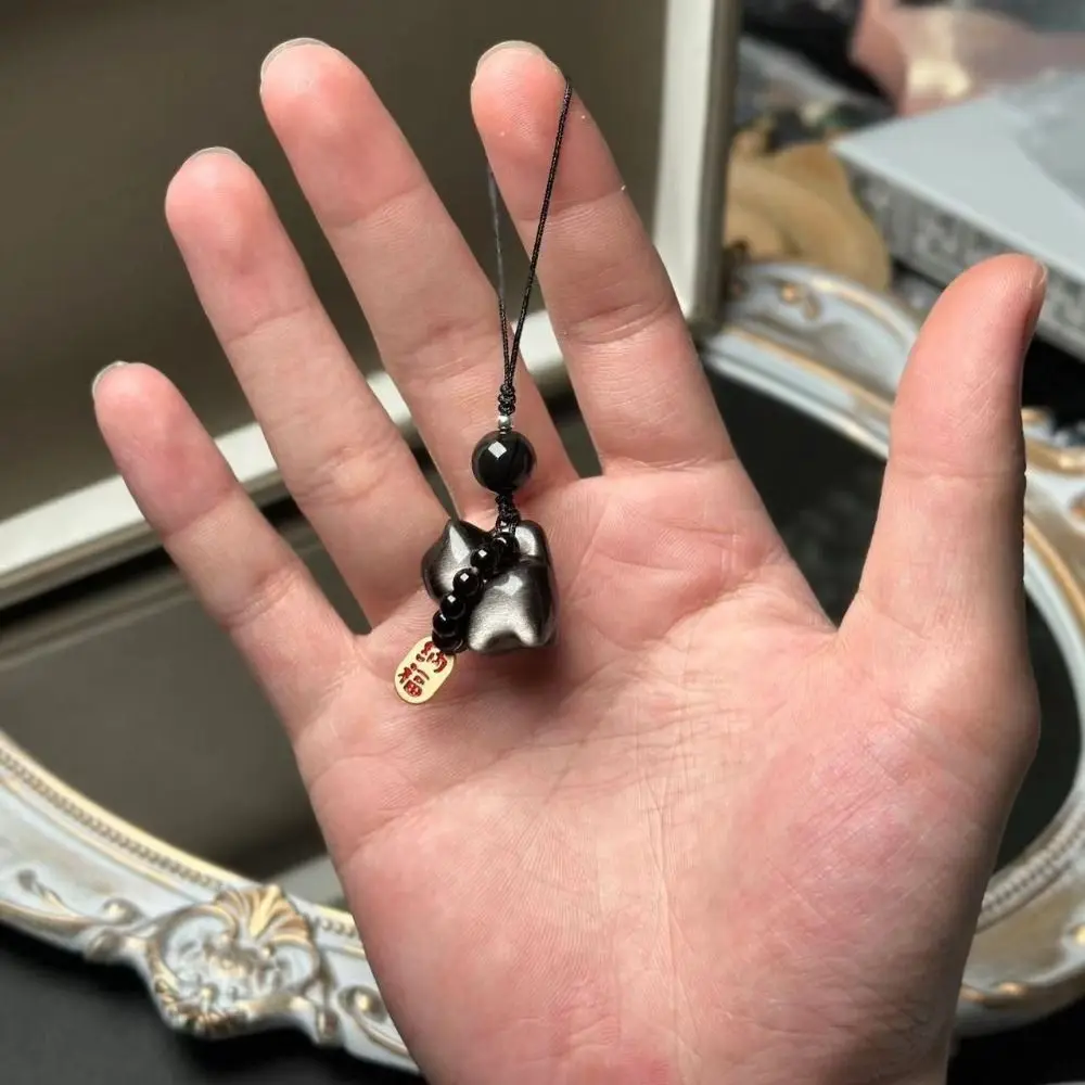 Silver Obsidian Cat Lucky Cat Keychain Bag Charms Weave Rope Stone Braid Rope Pendant Ornament Hanging Car Key Ring Couple