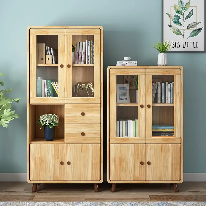 For Solid Wood Bookcase with Glass Door Floor to Ceiling Display Cabinet Modern Simple Storage Shelf for Living Room Study
