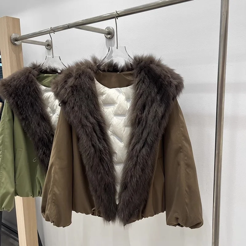 Parka de plumón de ganso blanco con cuello de piel de zorro para mujer, chaqueta gruesa y cálida a la moda, alta calidad, invierno, Y2k