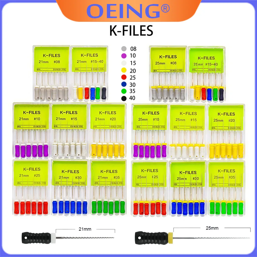 6 unids/caja raíz Dental Cannal Endo K archivo herramientas dentales 21mm 25mm 31mm instrumentos endodónticos de acero inoxidable materiales de dentista