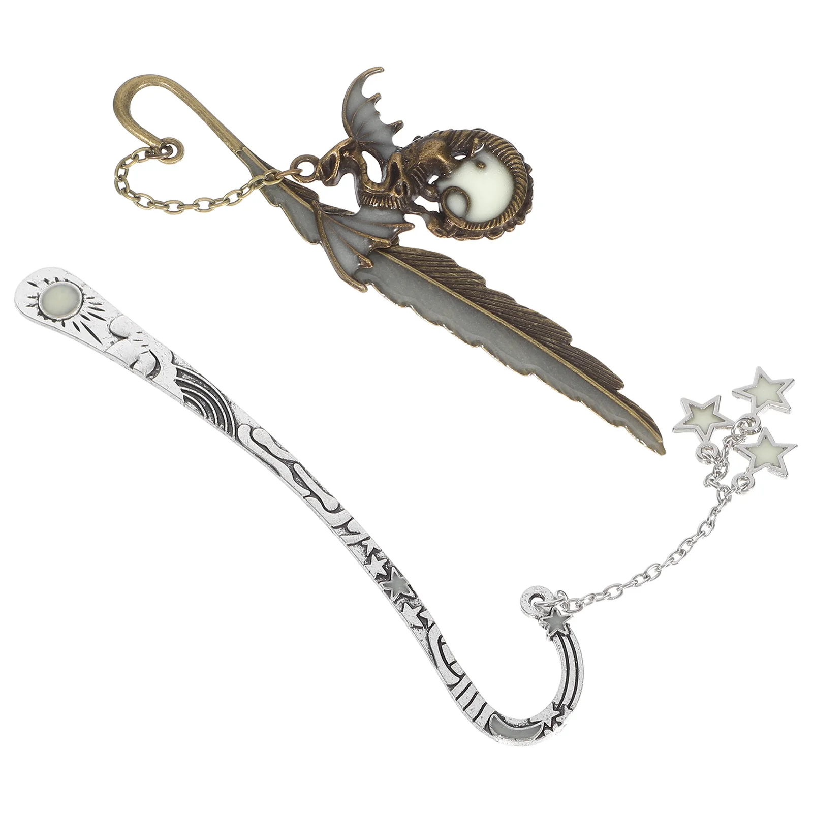2pcs Glow In The Dark Bookmark Metal Pendant Luminous Dragon Star Design Hook Chain Reading Accessory For Night Vintage Iron