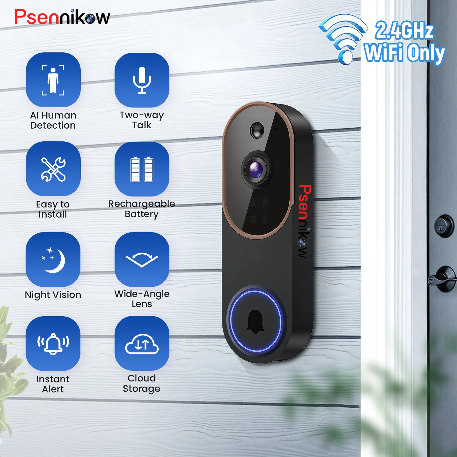 

Беспроводная умная видеокамера для дверного звонка, обнаружение объектов с помощью ИИ, ИК-ночное видение, облачное хранилище, питание от батареи, двусторонняя аудиосвязь, IP-водонепроницаемость