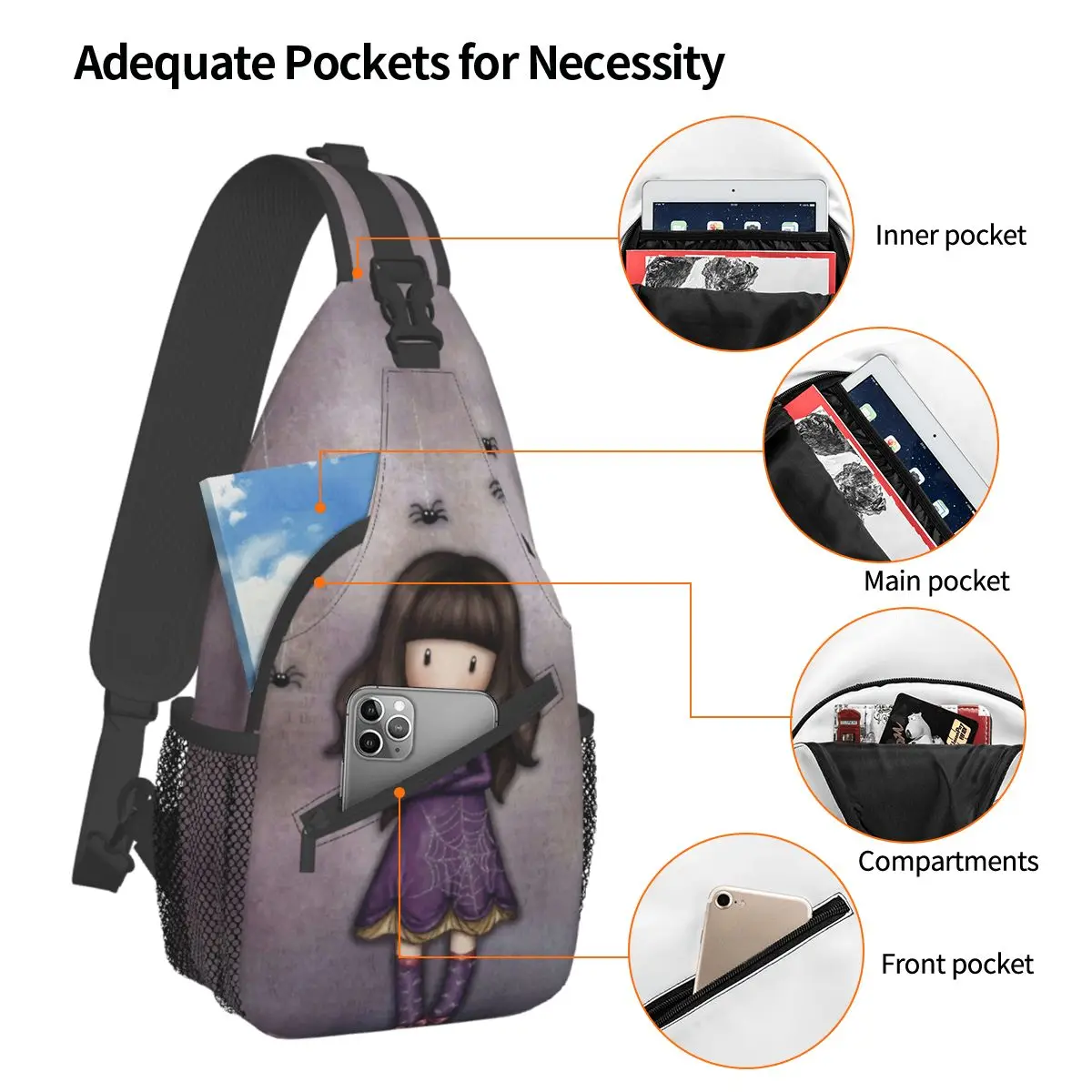 Santoro Gorjuss Doll Sling Bag Chest Crossbody Shoulder Backpack Travel Hiking Daypacks Art Cute Cartoon Printed Satchel