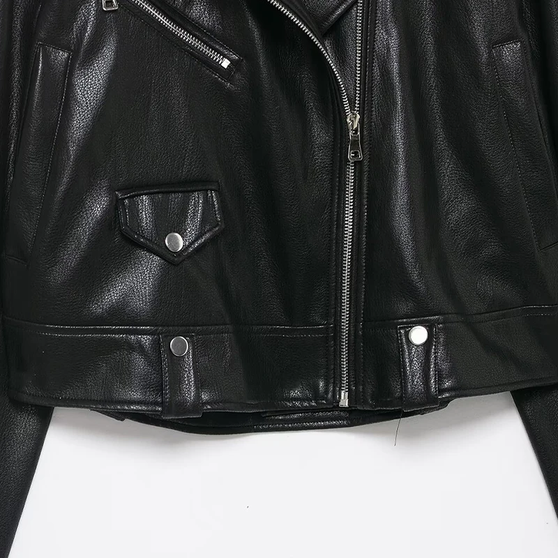 Willshela سترات نسائية عصرية من البولي يوريثان بسحاب أمامي أسود عتيق ورقبة على شكل طية صدر وأكمام طويلة ملابس نسائية أنيقة #4