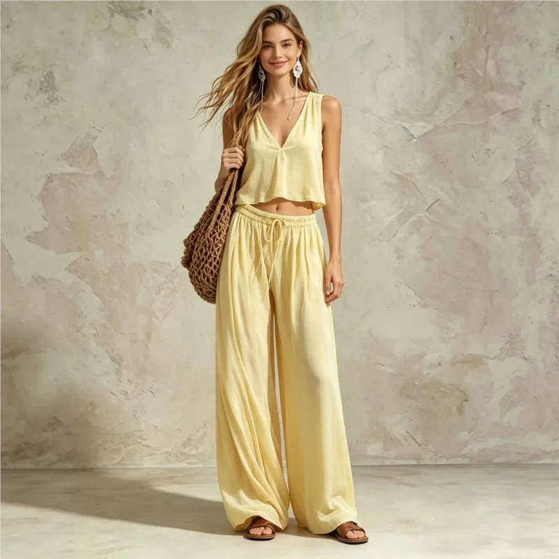 

Casual Solid Color Women's Home Clothes Fashion V-neck Sleeveless Short Top+wide-leg Pants Two-piece Set Ladies Comfort Outfit