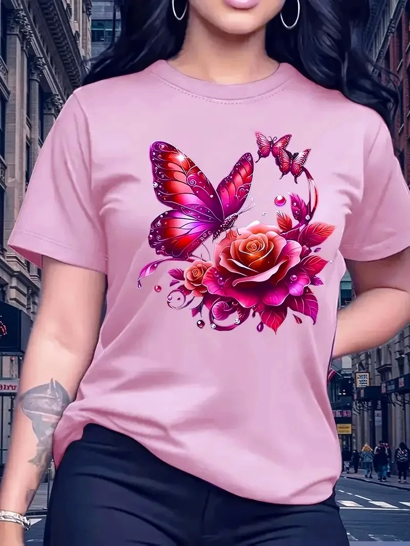 Women's Rose Butterfly Print Fashion Casual T-Shirt Short Sleeve Crew Neck Top Ideal Birthday or Holiday Gift for Outdoor Sports