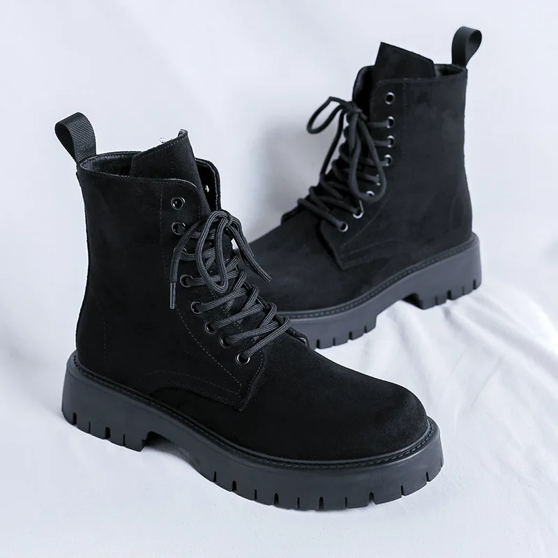 

British style men fashion high motorcycle boots cow suede leather shoes cowboy spring autumn boot black stylish platform botas