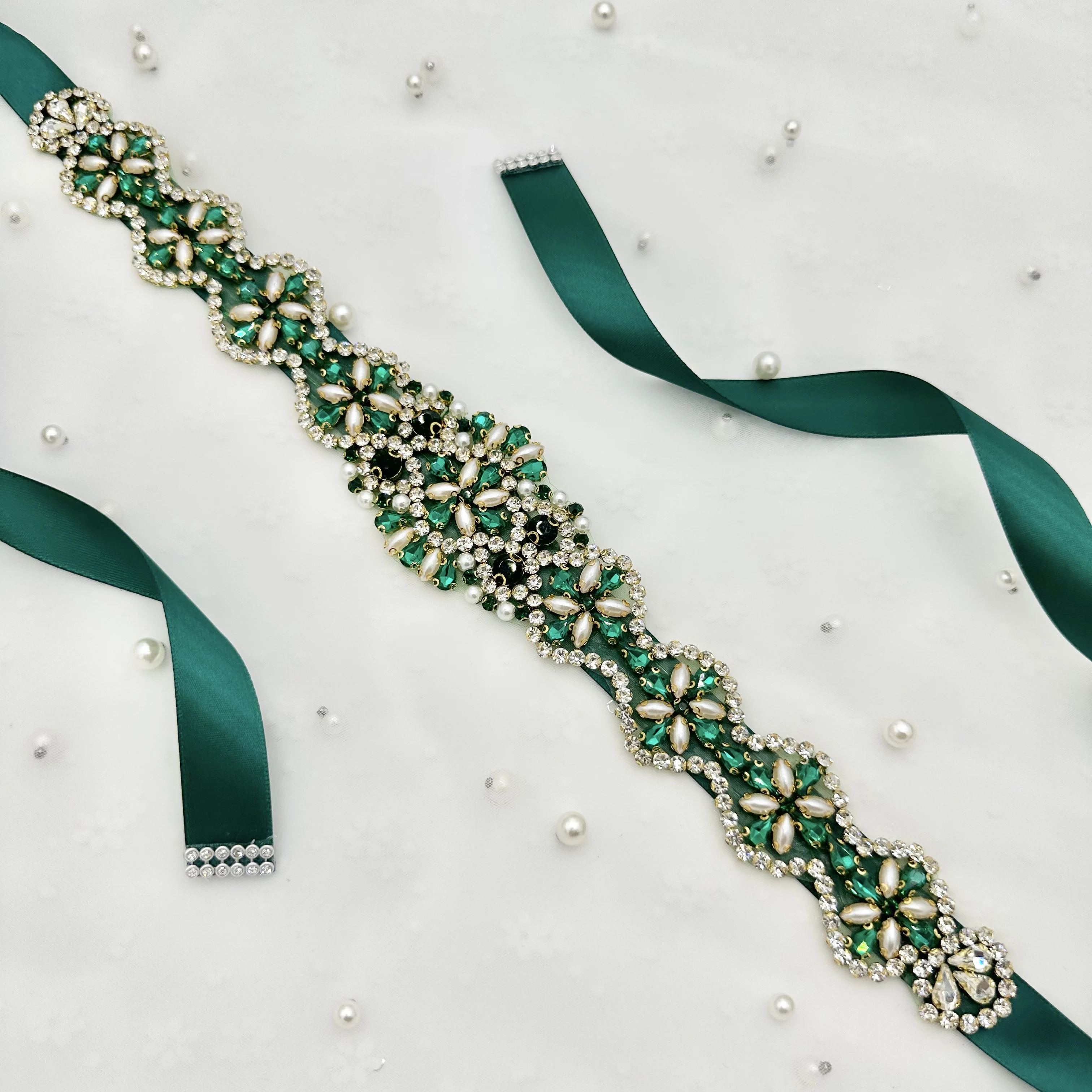 Women's Wedding Dress Accessories DIY Beaded Ribbon Waistband Hand-Sewn Glass Seed Beads Rhinestones Irregular-Shaped Rhinestones