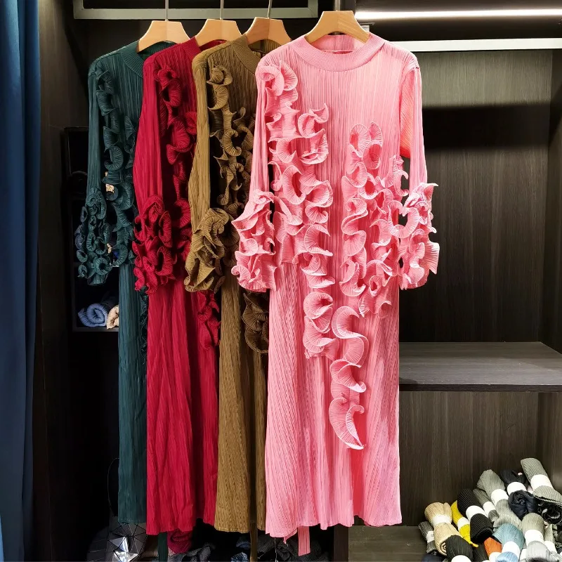 

Miyake Pleated Women's Dresses 2026 Spring New Round Neck Loose Tie Waist Midi Middle East Large Size Stretchy Fold Long Skirt