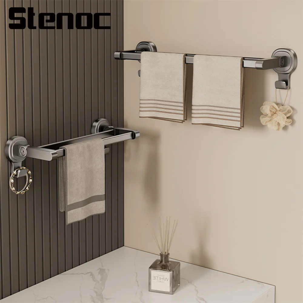 Stenoc Bathroom Grey No Punching 30/40cm Suction Cup Double Bar Wall Mounted Quality Aluminum Towel Storage Bathroom Accessories