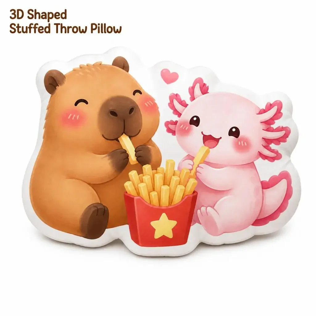 Capybara And Axolotl Sharing Fries Plush Pillow Cushion Irregular Stuffed Throw Pillow Home Decor Gift Sofa
