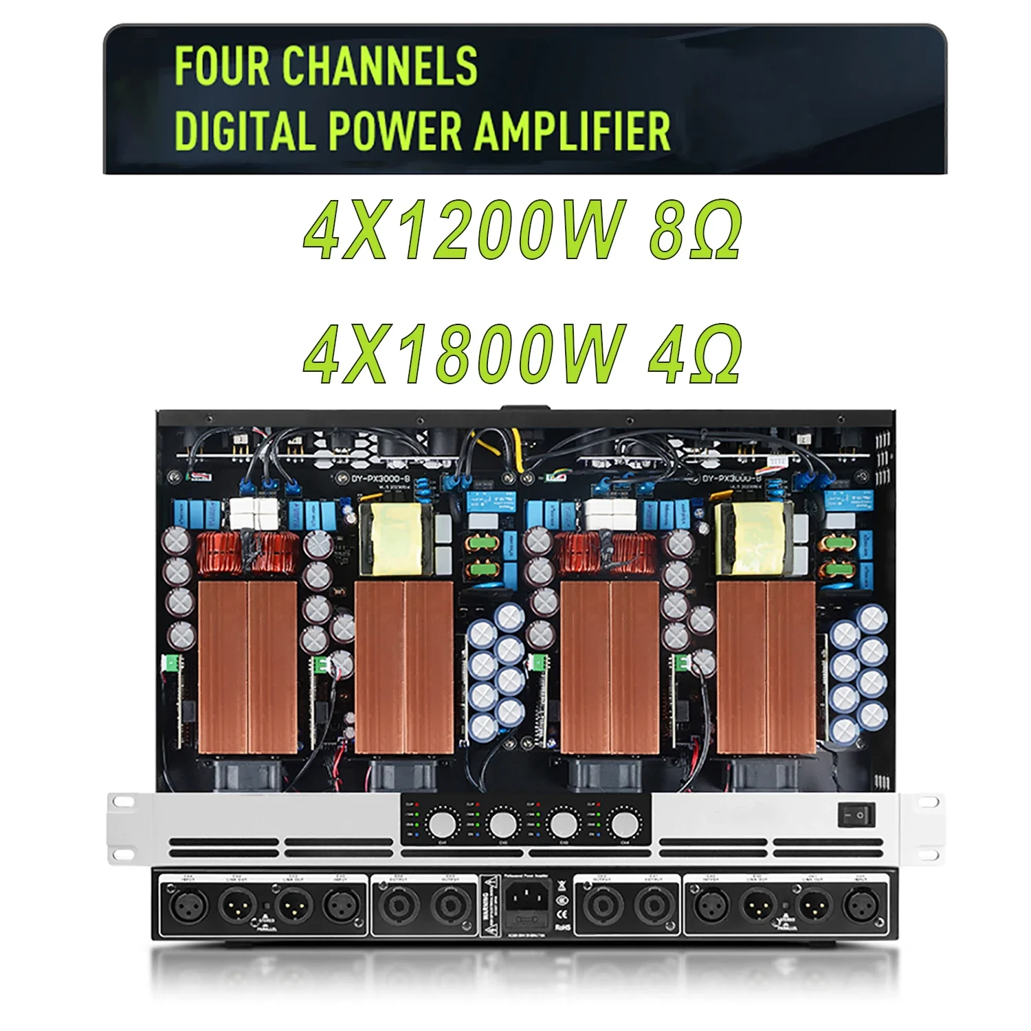 เครื่องขยายเสียงดิจิตอลระดับมืออาชีพ 4 แชนแนล 1500 วัตต์ คลาส D สำหรับงานดีเจ ระบบเสียง วิดีโอ และแสงสว่างระดับมืออาชีพ