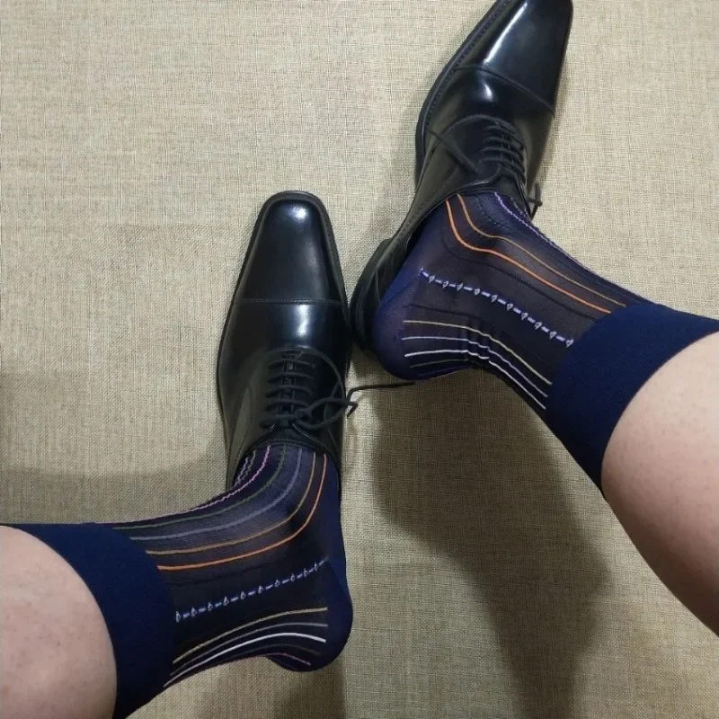 Men\'s Socks New High Quality Mens Striped Nylon Socks Sexy Dress Business Male Black Sheer Transparent Hose for Leather Shoes