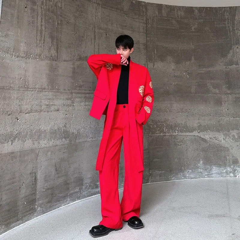Male Senior Embroidery Blazer Pant Suit Set Men Red Festivel Party Dinner Banquet Set Korea Trendy Stage Festival Night Club Set