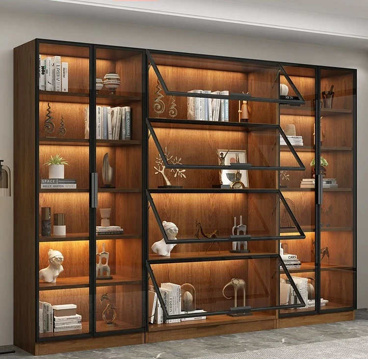 Walnut custom bookcase integrated whole wall to top light luxury modern high-end living room display cabinet with glass door