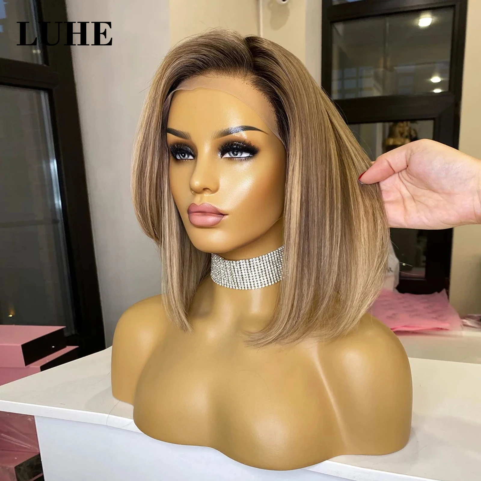 Ombre As Blonde Highlight Kleur Korte Rechte Bob Pruik Synthetische Haar Kant Voorkant Pruiken Voor Vrouwen Dagelijks Gebruik 13X3 Lace Frontale Pruik