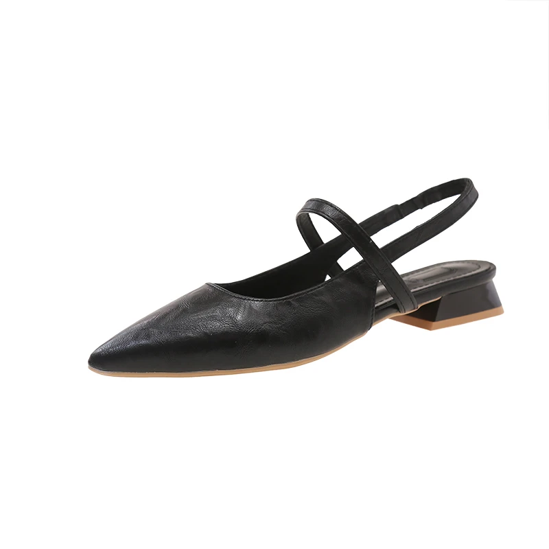 New Women Baotou Patent Leather One Line Buckle Strap Cat Heel Sandals Female Sexy Black Silk Pointed Thin Heel Flat Shoes