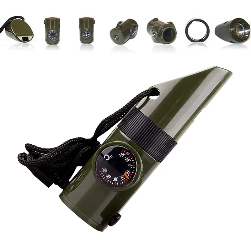 7-in-1 Multi-Function Portable Survival Whistle，High-strength Compass Magnifying Glass Signal Mirror Thermometer Flashlight