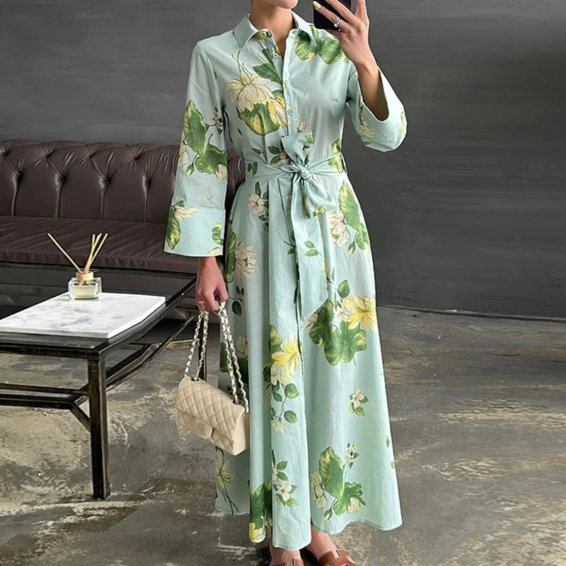 Abito bohémien autunnale a maniche lunghe allacciato Abito lungo casual con stampa floreale moda donna Abito camicia con bottoni colletto rovesciato primaverile