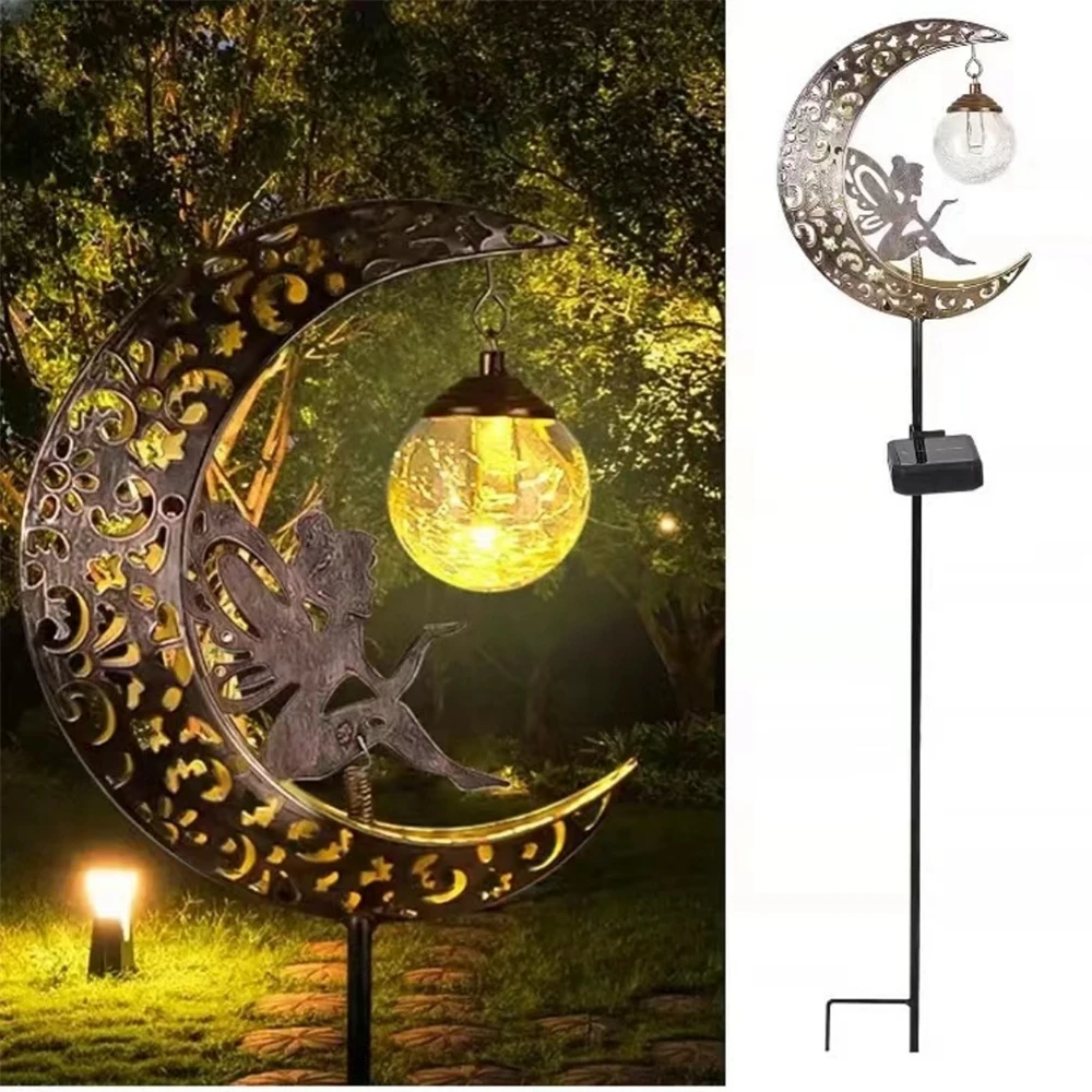 

Solar Garden Fairy Lights Outdoor Decor Metal Moon Fairy Crackle Glass Globe with Angel Garden Gifts Yard Pathway Decoration