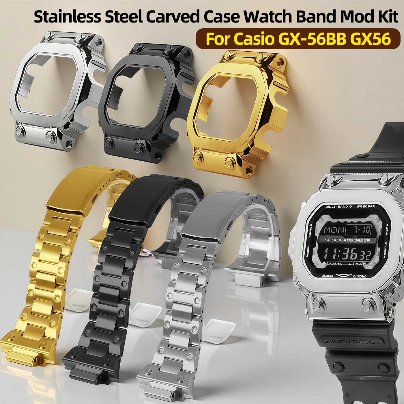

Stainless Steel Carved Case WatchBand Mod Kit For Casio GX-56BB GX56 GXW-56BB Big G series Luxury Modified Watch Parts With tool