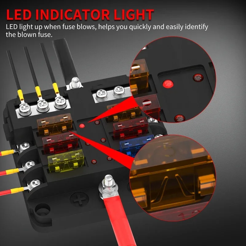 12V 6-Way Blade Fuse Box with LED Indicator Light Cover and Label stickers, Suitable for Car, Truck, Trailer