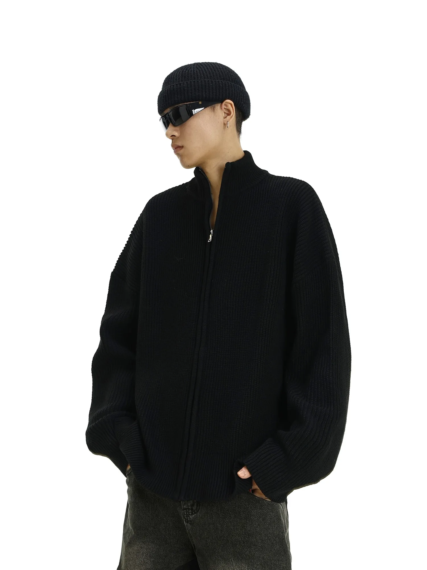 

American Retro High-end Knitted Sweater with A Semi High Collar Cardigan for Men Hot Seller