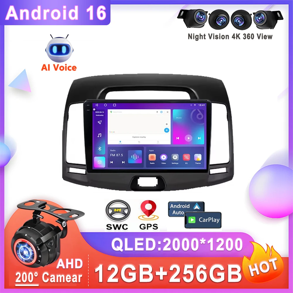 Android 16 Car Radio for Hyundai Elantra 4 HD Multimedia Player 2006-2012 DVD Stereo Head Unit with Dash Cam QLED Screen