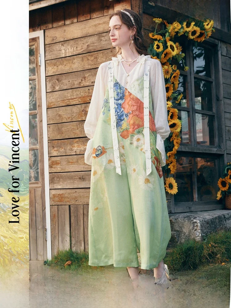 

Женские свободные брюки с широкими штанинами и принтом «Художественная грушевая роспись», с регулируемыми бретелями, в нежном стиле, длинные, из полиэфирного волокна