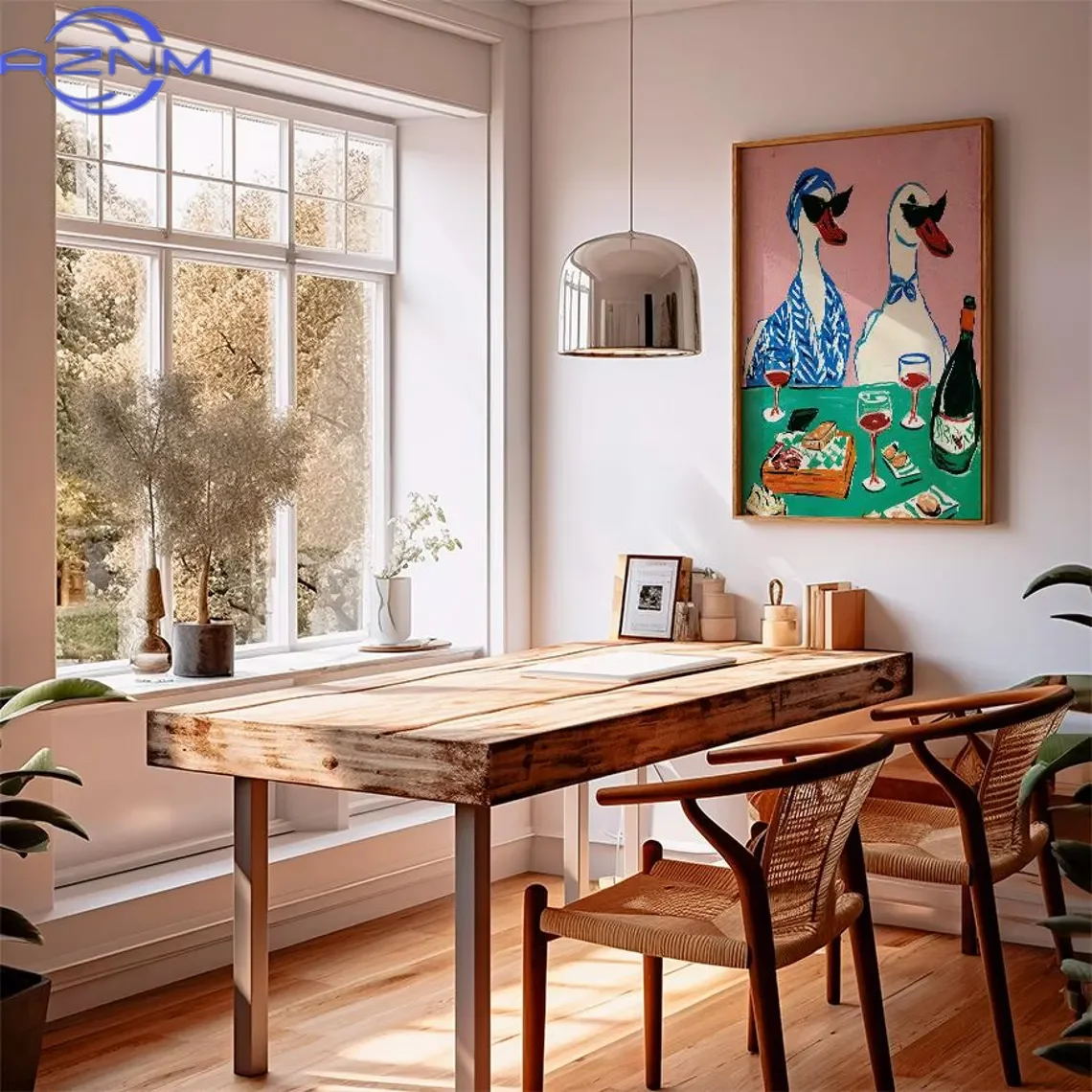AZNM Duck Wine Party Art Print, Quirky Animal Poster, Retro Wall Art with Ducks and Wine, Fun Dining Room or Kitchen Decor