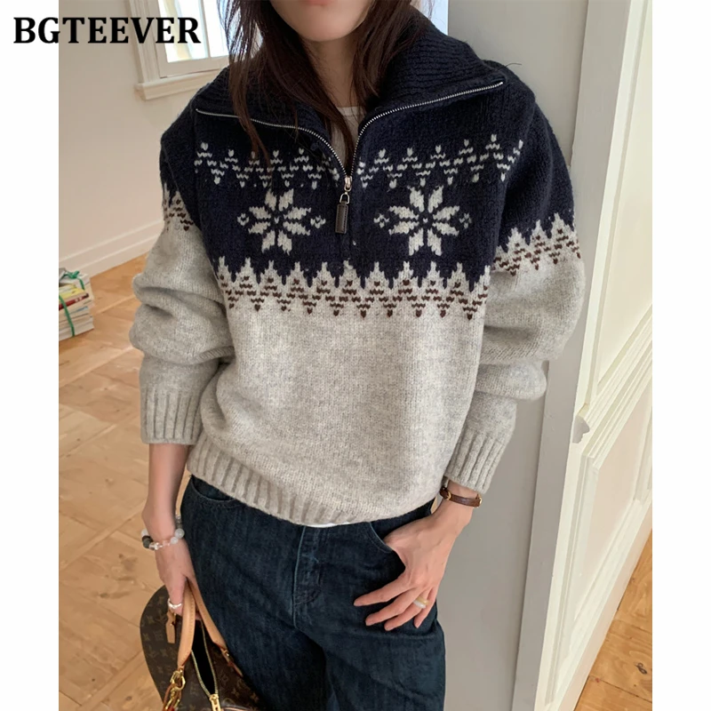 

BGTEEVER стильный женский лоскутный свитер на молнии, джемперы, осень-зима, винтажные теплые свободные женские вязаные пуловеры с длинными рукавами