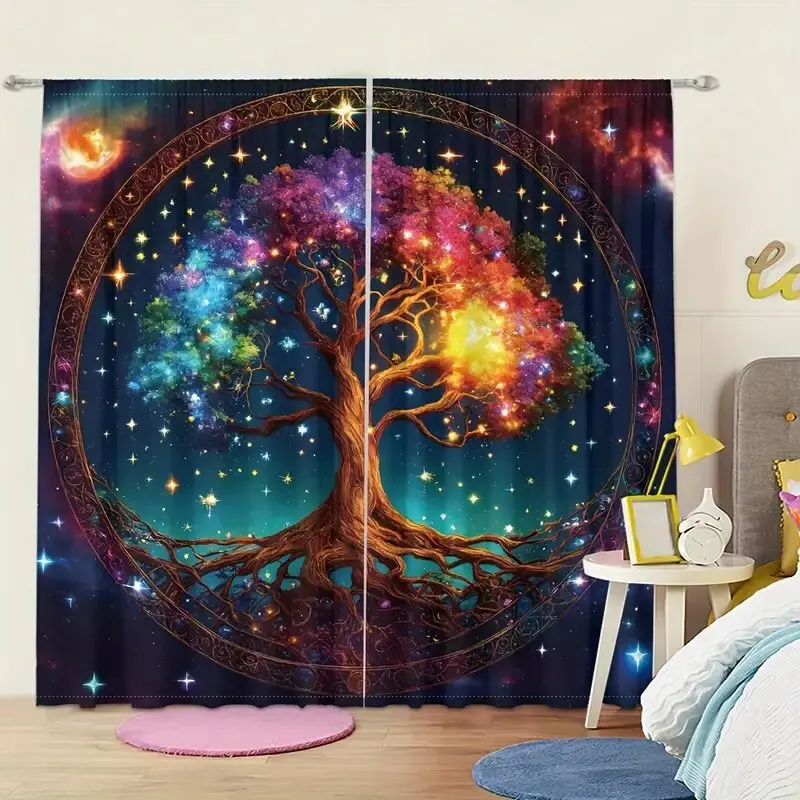 Colorful starry sky life tree pattern printed curtains, bedroom and living room, home decoration, room decoration