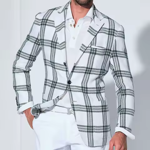 2026 Autumn Men's Plaid Casual Blazer Light Business Grid Print Lapel Double Button Pocket Business Casual Suit Jacket