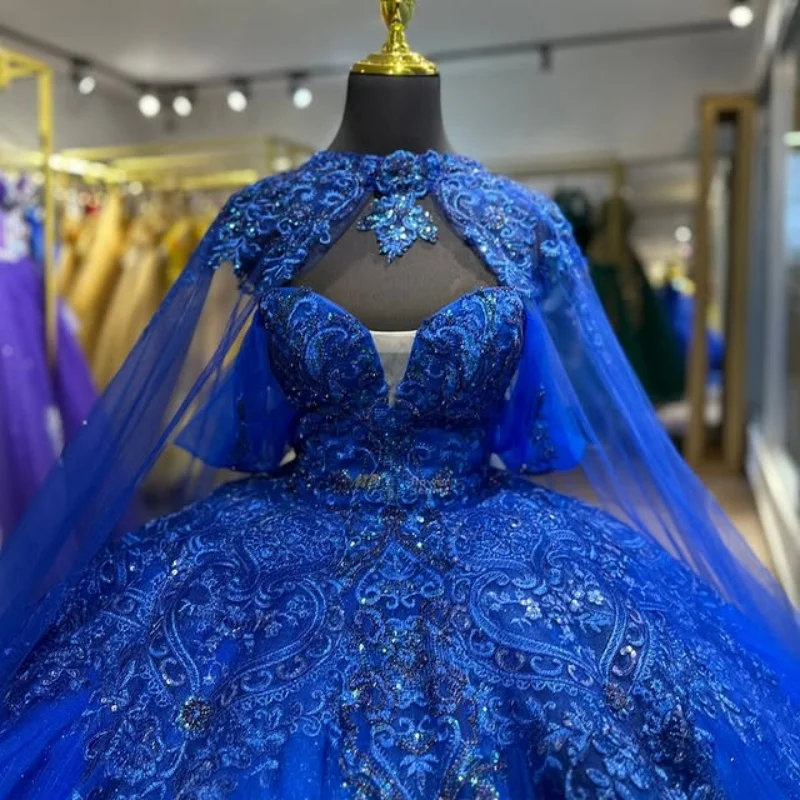 

Customized royal blue Quinceanera Dresses Off the Shoulder crystal beads applique Tull Lace Long tail Vestido 15 Quinceanera