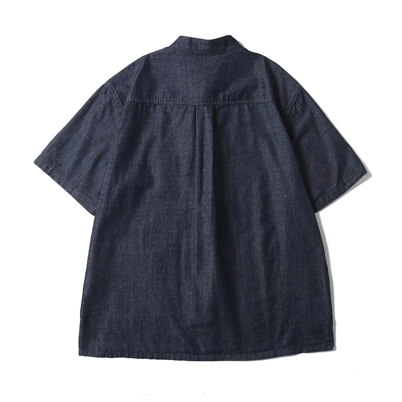Men Summer Chinese Style Buttons Stand Collar Streetwear Vintage Loose Casual Short Sleeve Denim Shirts Cityboy Blouses Man