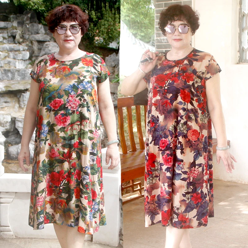 فستان قطني كتاني مطبوع بمقاس أكبر يصل إلى الركبة، فضفاض وعصري للنساء في منتصف العمر وكبار السن