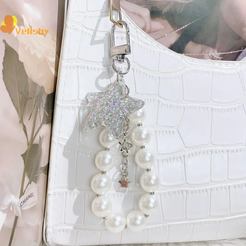 Kawaii الكرتون ستار سلسلة هواتف محمولة اللؤلؤ مطرز المفاتيح حقيبة أنيقة سحر الأزياء قلادة المفاتيح ظهره الديكور الهدايا