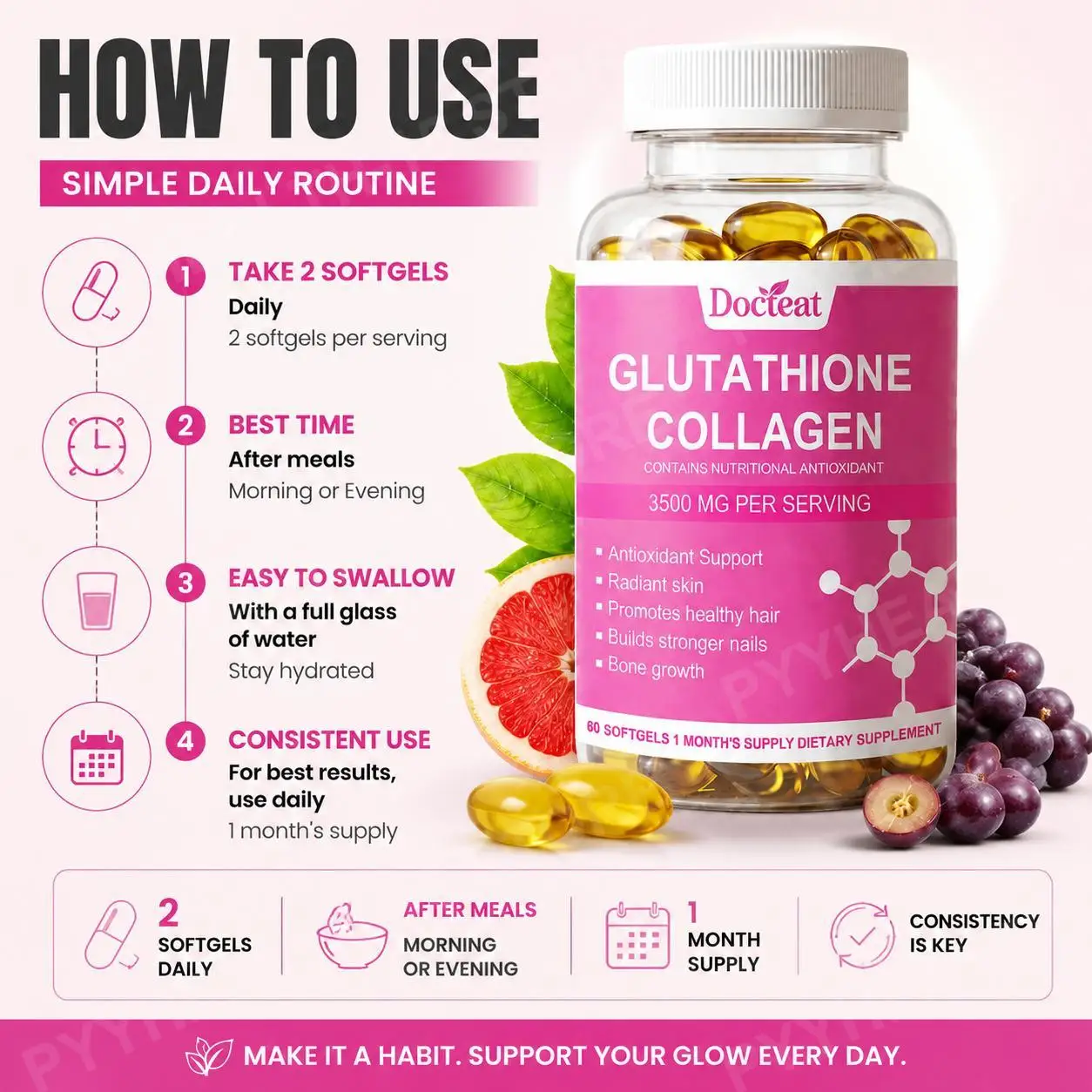 Glutathione Collagen Softgels with Vitamin C E, Hyaluronic Acid and Grape Seed, Beauty Antioxidant Support for Adults, 60 Count - view 5