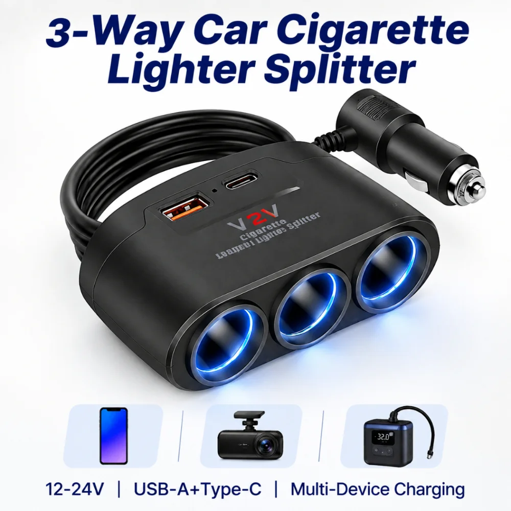 120W Car Cigarette Lighter Splitter 12V 24V Power Adapter 3 Socket USB A Type C PD Fast Charger For Car SUV Truck Multi Device