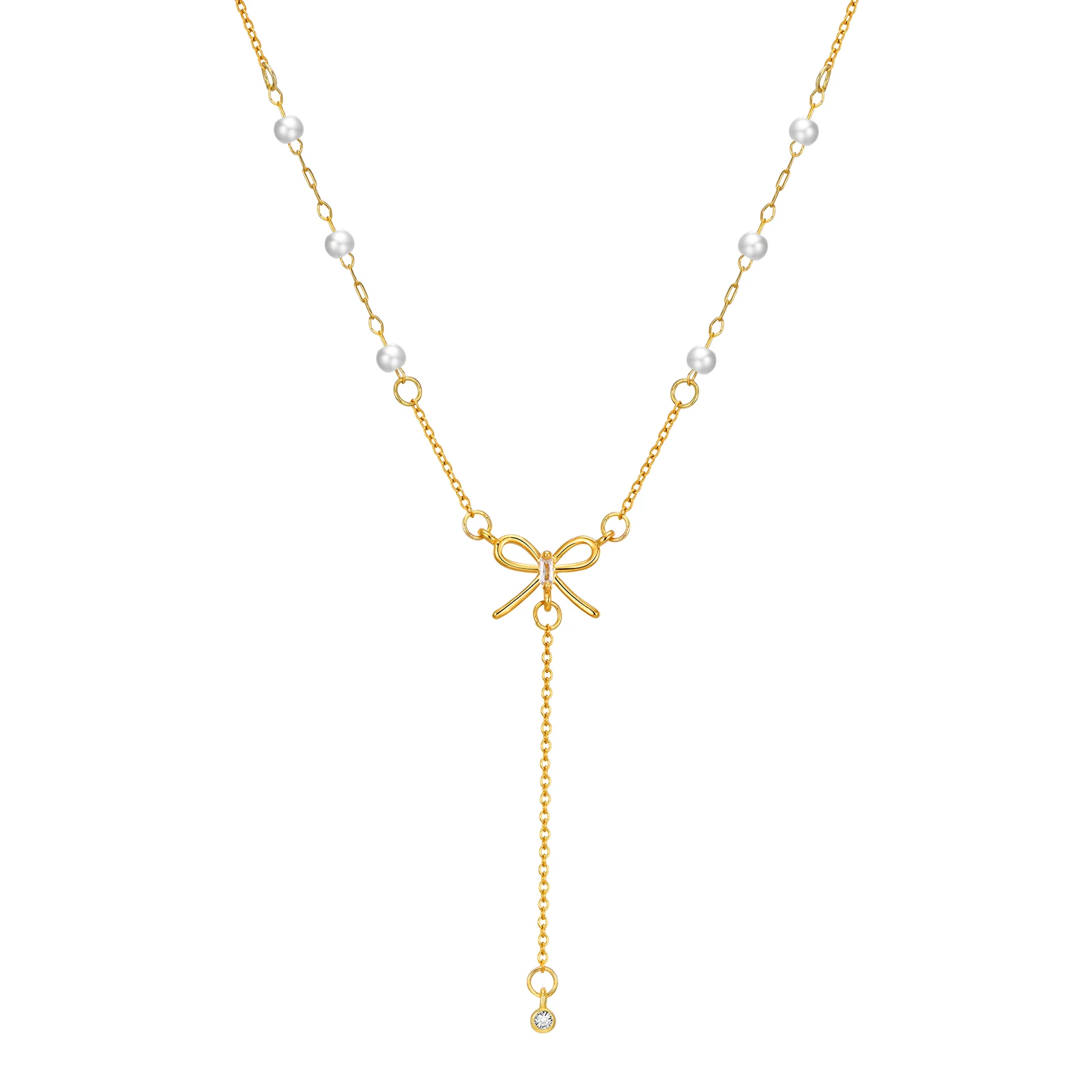 

Lariat Necklace, Pearls Chain with Bowtie Pendant Dainty Drop Y Chain Necklace for Women Gift