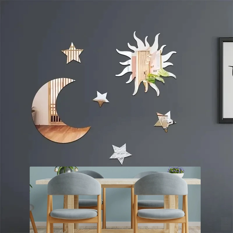 6pcs Star & Moon Combination Mirror Wall Sticker for Bedroom and Living Room - Ramadan Kareem, Holiday, Birthday Party Supplies,