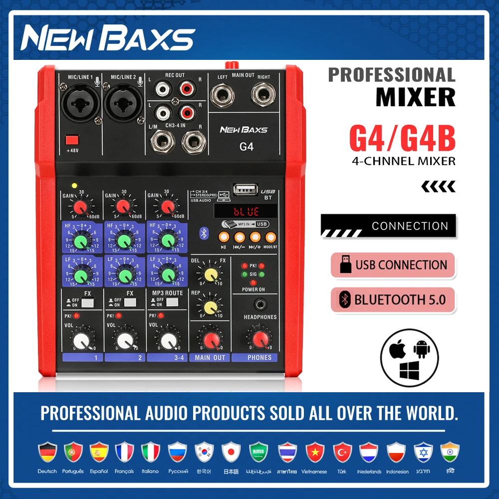 NEW BAXS 4 MINI Channel Mixer DJ Mixing Console with Bluetooth 48V Phantom Power Monitor Karaoke System USB Mixer Audio