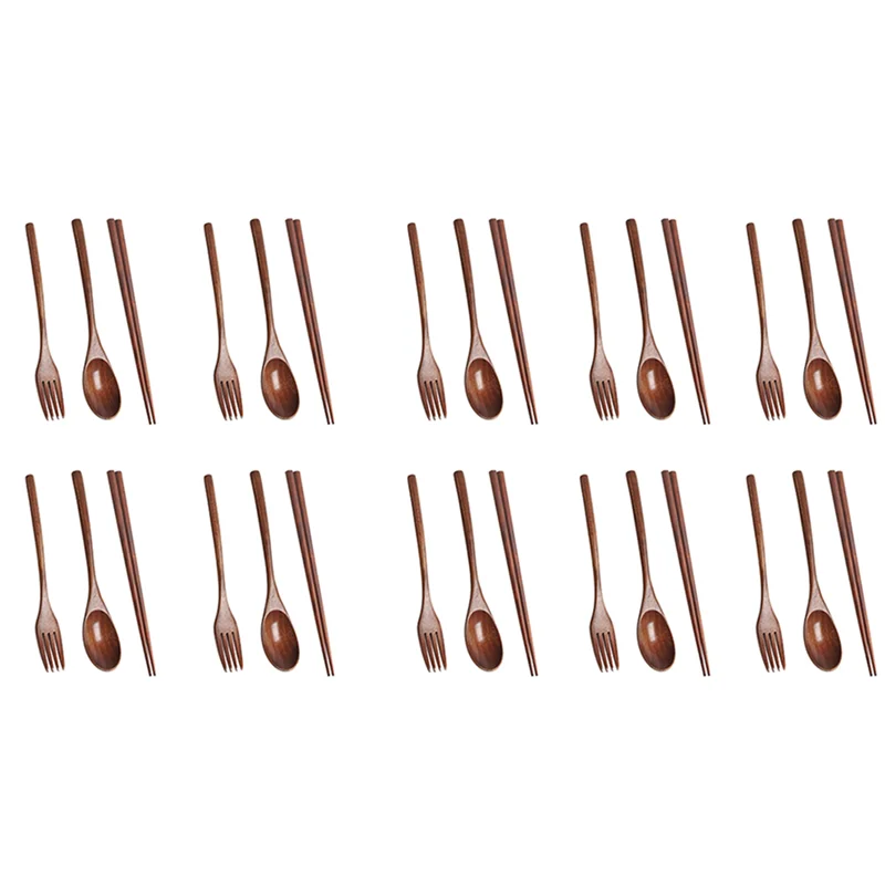 

B28C-10Set Wooden Cutlery Set Portable Eco Friendly Reusable Flatware Utensils Set Spoon Fork Chopsticks