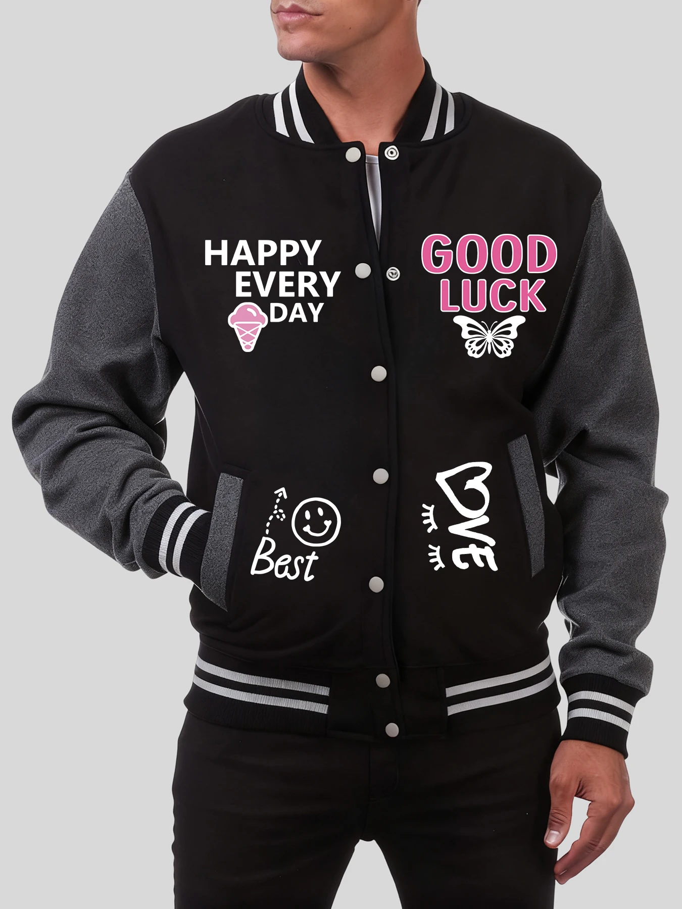 

Бейсбольная форма с принтом «Счастливый каждый день», мужская мягкая одежда больших размеров, осенняя повседневная уличная одежда, американская флисовая куртка