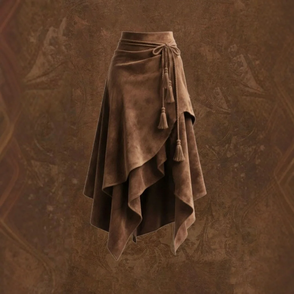 

2026 New Vintage Suede Midi Skirt For Women High Waist Asymmetrical Ruffle Hem Tassel Wrap Skirt For Daily Streetwear Outfits