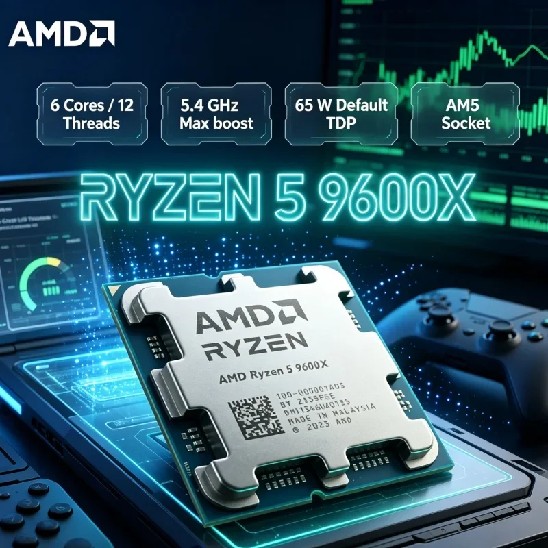 AMD Ryzen 5 9600X Productivity Processor 12 Thread Multi Task CPU 4NM 65W TDP DDR5 AM5 Socket for Office Design Work
