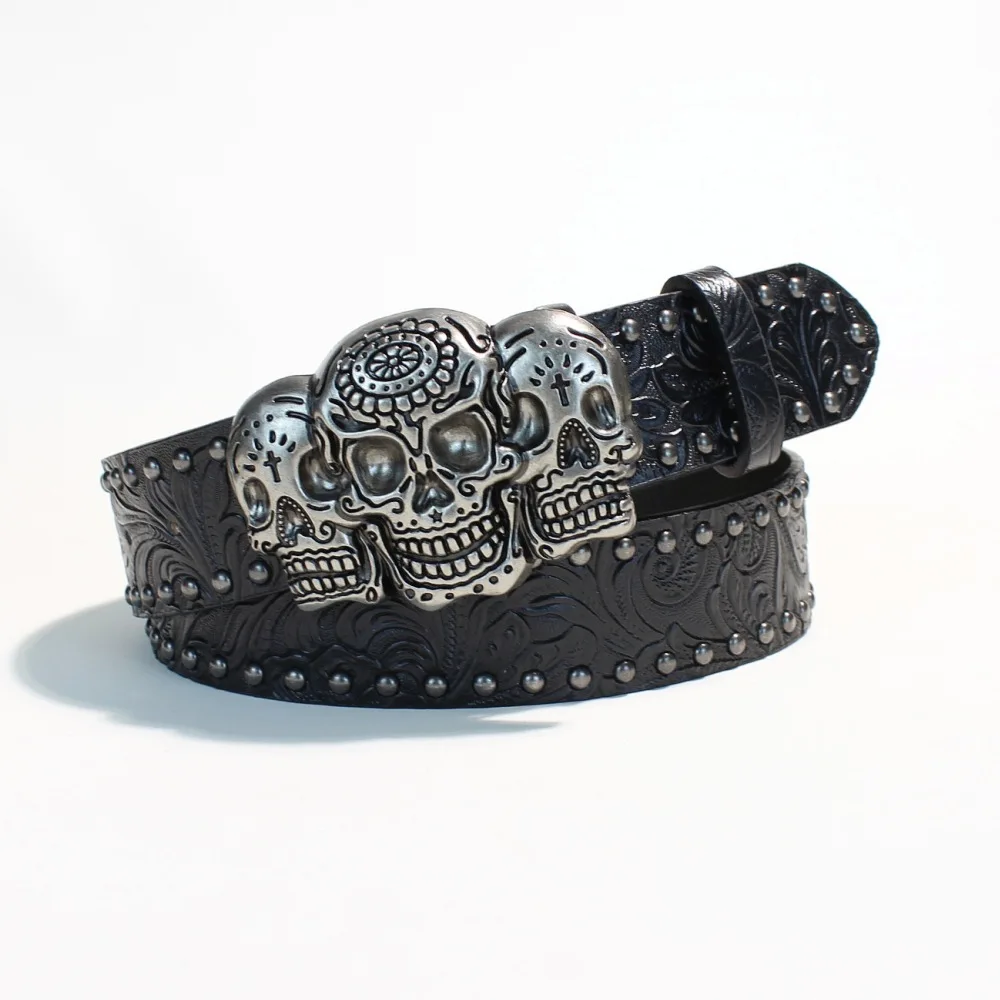Vintage Western Cowboy Belt Skull Metal Buckle Punk Rock Rivet Embossed PU Leather Waist Belt Unisex Jeans Decorative Men Women