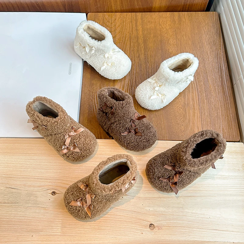 

Kids Princess Shoes Sweet Ribbons Girls Casual Boots Versatile Korean Style 2025 Winter New Children Fashion Boots Suede Warm